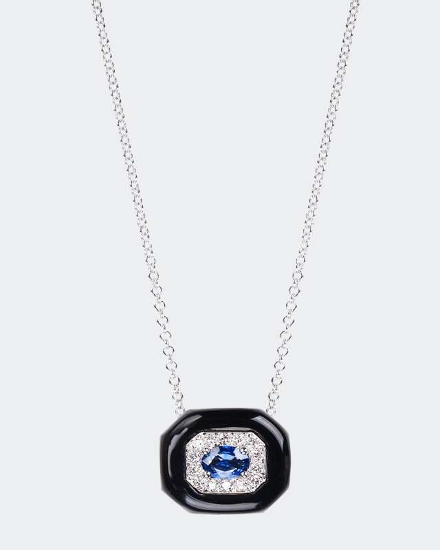 Oui 18k White Gold Black Enamel & Sapphire Pendant Necklace